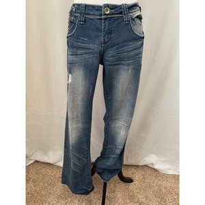 Premier Dark-Wash Faded Distressed Designer Pocket Boot Cut Denim Jeans
